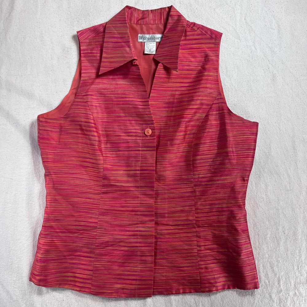Dressbarn Womens Silk Sleeveless Blouse Pink Orange Striped V-Neck Top Size M